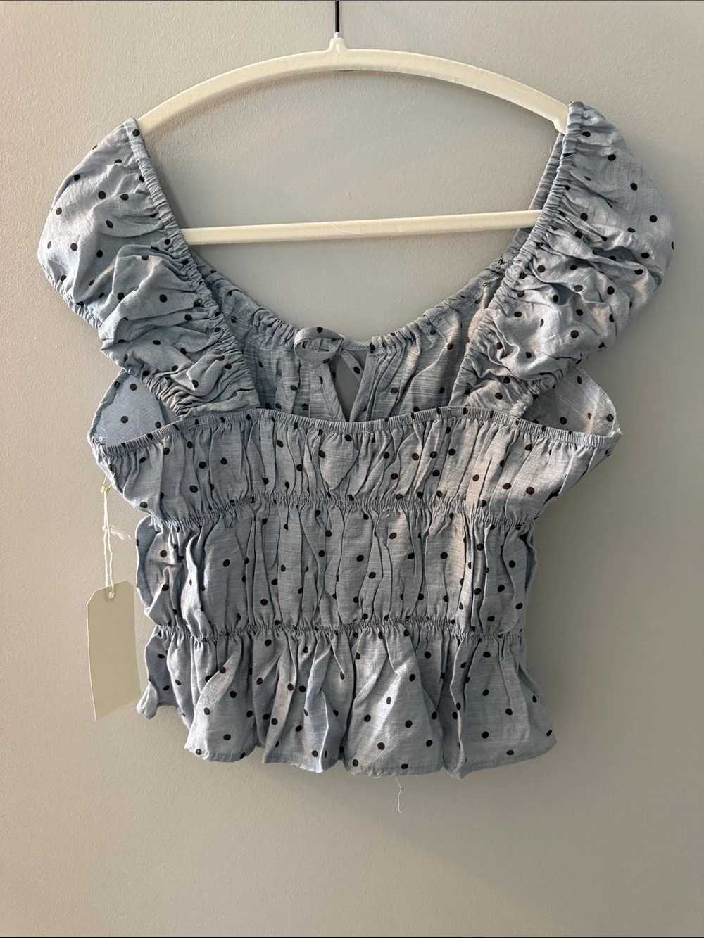 LOVE NOTES Light Blue Top w Black Polka Dots and Ruffle-Sleeve, L, NWT